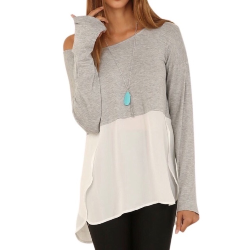 Heather Grey Jersey and Ivory Chiffon Split Sides Blouse - Picture 7 of 8